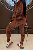 Green Women Pleuche Pure Color Long Sleeve Cardigan Sexy Sport Pants Sets YSH86282-2