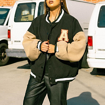 Black Khaki Baseball Uniform Velvet Thick Coat HYDL2579-6