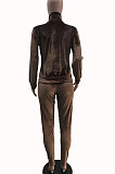 Brown Women Pleuche Pure Color Long Sleeve Cardigan Sexy Sport Pants Sets YSH86282-1