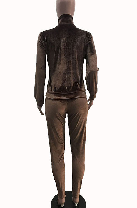 Brown Women Pleuche Pure Color Long Sleeve Cardigan Sexy Sport Pants Sets YSH86282-1