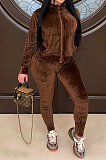 Green Women Pleuche Pure Color Long Sleeve Cardigan Sexy Sport Pants Sets YSH86282-2