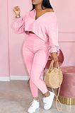 Pink Casual Solid Long Sleeve Plus Size Women Sporty Pants Sets LML128-3