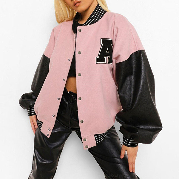 Pink Black Baseball Uniform Velvet Thick Coat HYDL2579-7