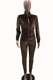 Brown Women Pleuche Pure Color Long Sleeve Cardigan Sexy Sport Pants Sets YSH86282-1