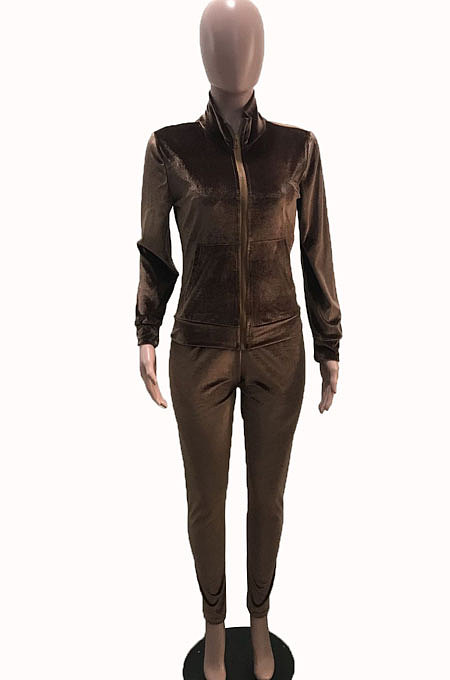 Brown Women Pleuche Pure Color Long Sleeve Cardigan Sexy Sport Pants Sets YSH86282-1