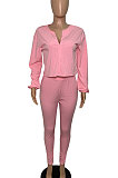 Pink Casual Solid Long Sleeve Plus Size Women Sporty Pants Sets LML128-3
