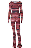 Red Women's Fashion Printing Round Collar Long Sleeve Bodycon Tops Skinny Wide Leg Pants Sets BLG186251