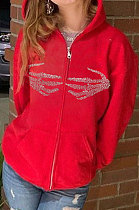 Red Long Sleeve Cardigan Zipper Hot Drilling Hoodie Outerwear HWY46002-1