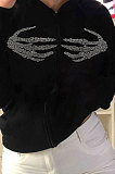 Red Long Sleeve Cardigan Zipper Hot Drilling Hoodie Outerwear HWY46002-1