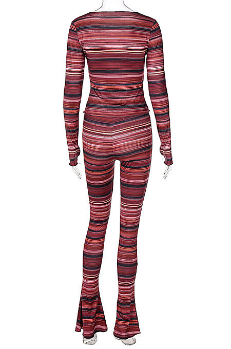 Red Women's Fashion Printing Round Collar Long Sleeve Bodycon Tops Skinny Wide Leg Pants Sets BLG186251