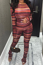 Red Women's Fashion Printing Round Collar Long Sleeve Bodycon Tops Skinny Wide Leg Pants Sets BLG186251