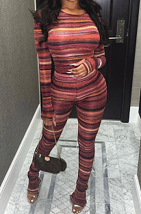 Red Women's Fashion Printing Round Collar Long Sleeve Bodycon Tops Skinny Wide Leg Pants Sets BLG186251