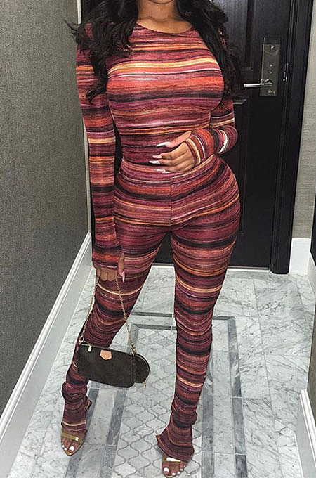 Red Women's Fashion Printing Round Collar Long Sleeve Bodycon Tops Skinny Wide Leg Pants Sets BLG186251