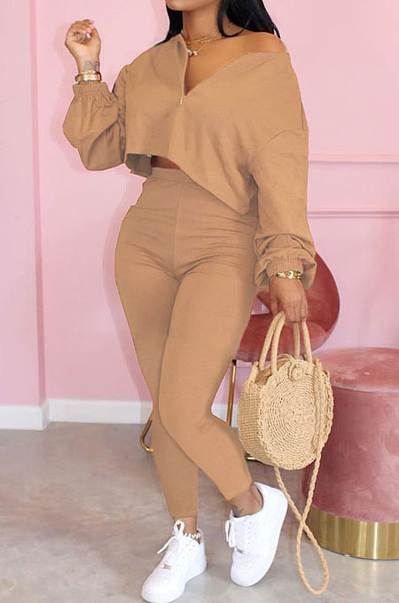 Khaki Casual Solid Long Sleeve Plus Size Women Sporty Pants Sets LML128-11