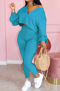 Peacock Blue Casual Solid Long Sleeve Plus Size Women Sporty Pants Sets LML128-7