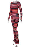 Red Women's Fashion Printing Round Collar Long Sleeve Bodycon Tops Skinny Wide Leg Pants Sets BLG186251