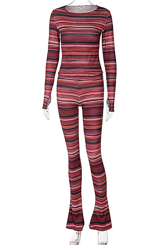 Red Women's Fashion Printing Round Collar Long Sleeve Bodycon Tops Skinny Wide Leg Pants Sets BLG186251