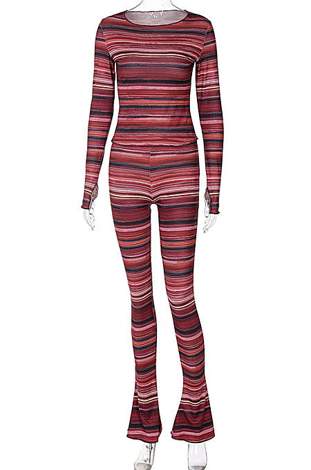 Red Women's Fashion Printing Round Collar Long Sleeve Bodycon Tops Skinny Wide Leg Pants Sets BLG186251