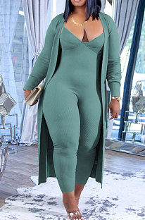 Pea Green Wholesale Women's Condole Belt Strapless Jumpsuits+Cardigan Long Coat MTY6590-2