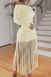 Khaki Sexy Cute Tassel Off Shoulder Long Sleeve Slim Fitting Dress MTY6598-4