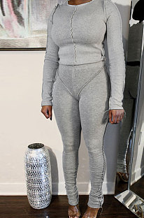 White Grey Women's Long Sleeve Round Neck Tops Pencil Pants Both Sides Weaw Plain Suit DN8650-2