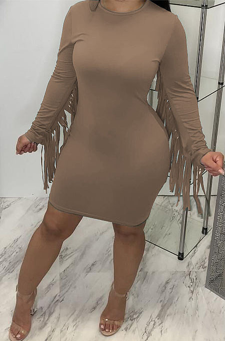 Dark Green Modest New Tassel Long Sleeve Collect Waist Hip Dress MTY6601-3