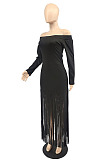 Green Sexy Cute Tassel Off Shoulder Long Sleeve Slim Fitting Dress MTY6598-2