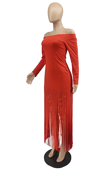 Khaki Sexy Cute Tassel Off Shoulder Long Sleeve Slim Fitting Dress MTY6598-4