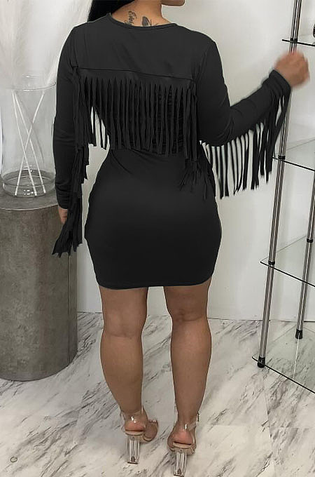 Dark Green Modest New Tassel Long Sleeve Collect Waist Hip Dress MTY6601-3