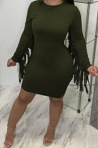 Black Modest New Tassel Long Sleeve Collect Waist Hip Dress MTY6601-2