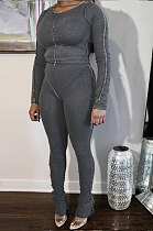 Dark Grey Women's Long Sleeve Round Neck Tops Pencil Pants Both Sides Weaw Plain Suit DN8650-1