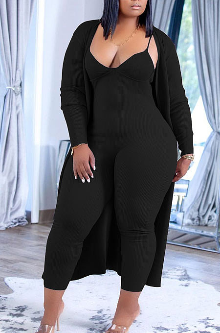 Black Wholesale Women's Condole Belt Strapless Jumpsuits+Cardigan Long Coat MTY6590-1