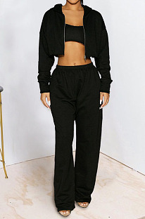 Black Green Casual Long Sleeve Cardigan Coat Wide Leg Pants Sport Plain Suits MTY6597-2