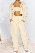 Cream White Green Casual Long Sleeve Cardigan Coat Wide Leg Pants Sport Plain Suits MTY6597-3