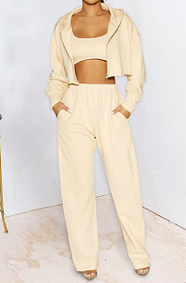 Cream White Green Casual Long Sleeve Cardigan Coat Wide Leg Pants Sport Plain Suits MTY6597-3