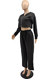 Black Green Casual Long Sleeve Cardigan Coat Wide Leg Pants Sport Plain Suits MTY6597-2
