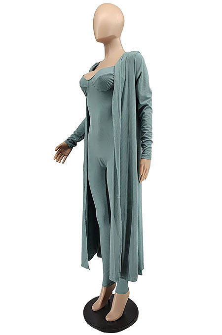 Pea Green Wholesale Women's Condole Belt Strapless Jumpsuits+Cardigan Long Coat MTY6590-2