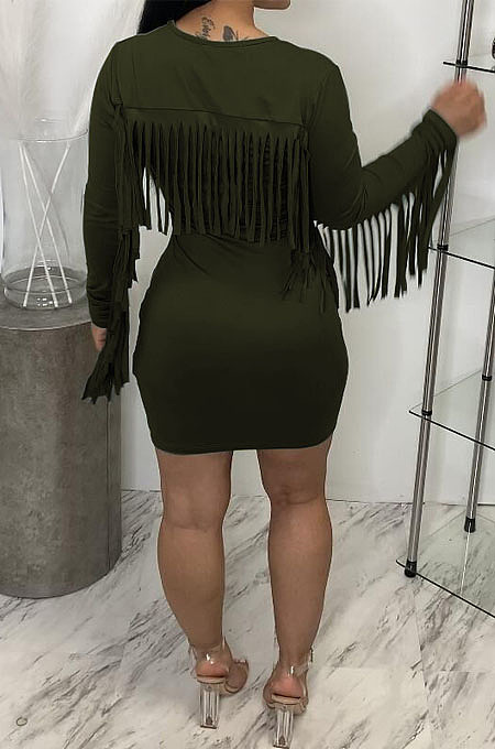 Dark Green Modest New Tassel Long Sleeve Collect Waist Hip Dress MTY6601-3