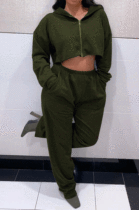 Dark Green Casual Long Sleeve Cardigan Coat Wide Leg Pants Sport Plain Suits MTY6597-1