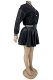 Red Casual Sport Leather Spliced Long Sleeve Jacket Mini Skirts Baseball Uniform Suits DN8649-5