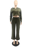 Dark Green Casual Long Sleeve Cardigan Coat Wide Leg Pants Sport Plain Suits MTY6597-1