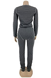 Dark Grey Women's Long Sleeve Round Neck Tops Pencil Pants Both Sides Weaw Plain Suit DN8650-1