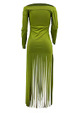 Green Sexy Cute Tassel Off Shoulder Long Sleeve Slim Fitting Dress MTY6598-2