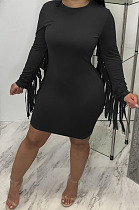 Dark Green Modest New Tassel Long Sleeve Collect Waist Hip Dress MTY6601-3