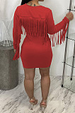 Red Modest New Tassel Long Sleeve Collect Waist Hip Dress MTY6601-4