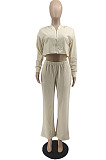 Dark Green Casual Long Sleeve Cardigan Coat Wide Leg Pants Sport Plain Suits MTY6597-1