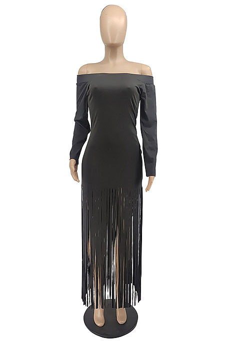 Black Sexy Cute Tassel Off Shoulder Long Sleeve Slim Fitting Dress MTY6598-1