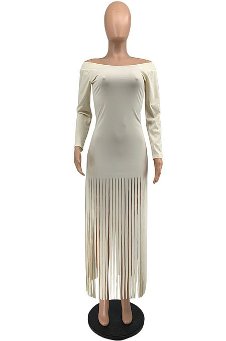 Khaki Sexy Cute Tassel Off Shoulder Long Sleeve Slim Fitting Dress MTY6598-4