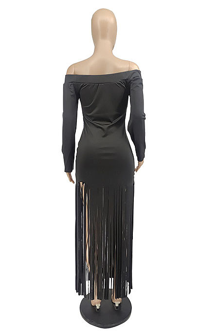 Black Sexy Cute Tassel Off Shoulder Long Sleeve Slim Fitting Dress MTY6598-1