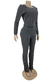Black Women's Long Sleeve Round Neck Tops Pencil Pants Both Sides Weaw Plain Suit DN8650-3